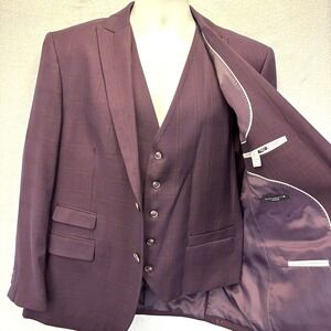 NWT Alain Dupetit Blazer Vest 2 Pc Set Mens 44S‎ Purple Plaid Formal Suit Jacket